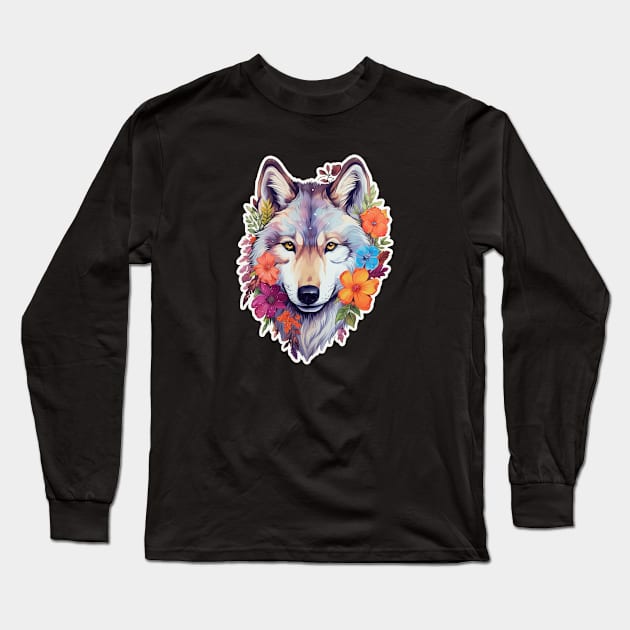 Colorful Wolf With Flowers Long Sleeve T-Shirt by 777Design-NW